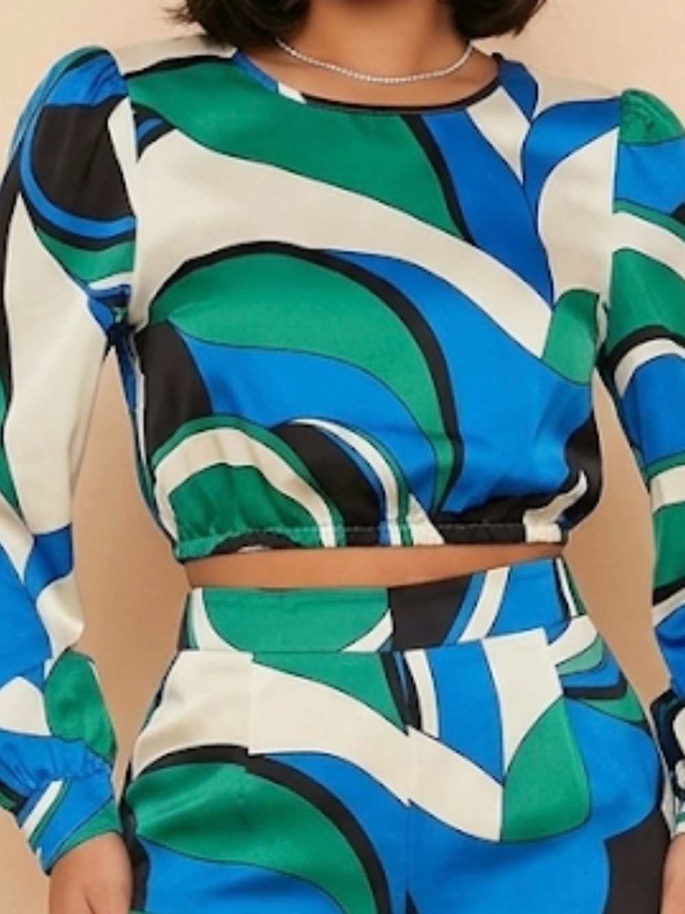 House of Harlow 1960 Women Blue Green Abstract Swirl Crop Top Wide Leg PantSet M
